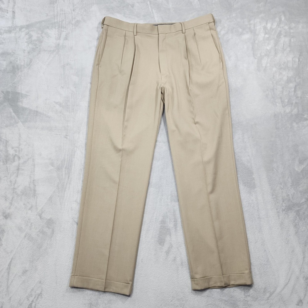 Haggar Pants Mens 38x32 Beige Regular Fit Pleated Cuffed Dress Office Slacks